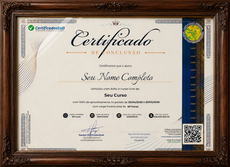 Frente do Certificado Premium, com moldura de madeira entalhada e selo