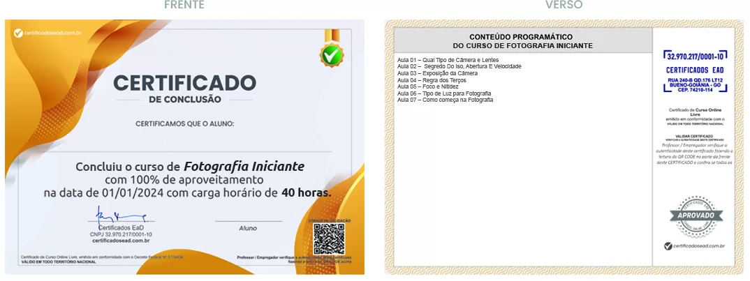 Certificado de 40h Curso de Fotografia Iniciante