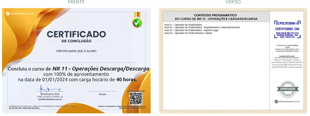 Certificado de 40h Curso de NR 11 - Operações Carga/Descarga