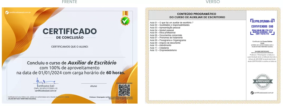 Certificado de 60h Curso de Auxiliar de Escritório