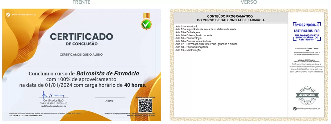 Certificado de 40h Curso de Balconista de Farmácia