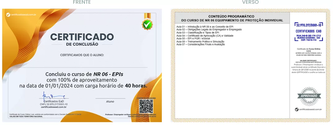 Certificado de 40h Curso de NR 06 - EPIs
