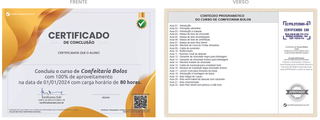 Certificado de 80h Confeitaria bolos
