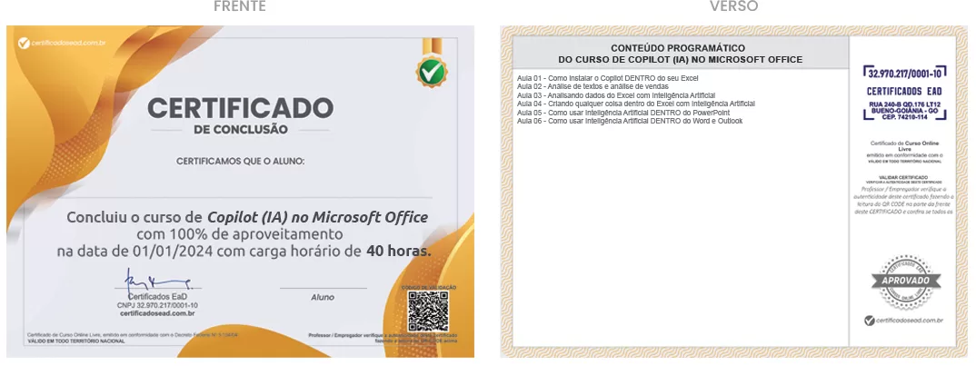 Certificado de 40h Curso de Copilot (IA) no Microsoft Office