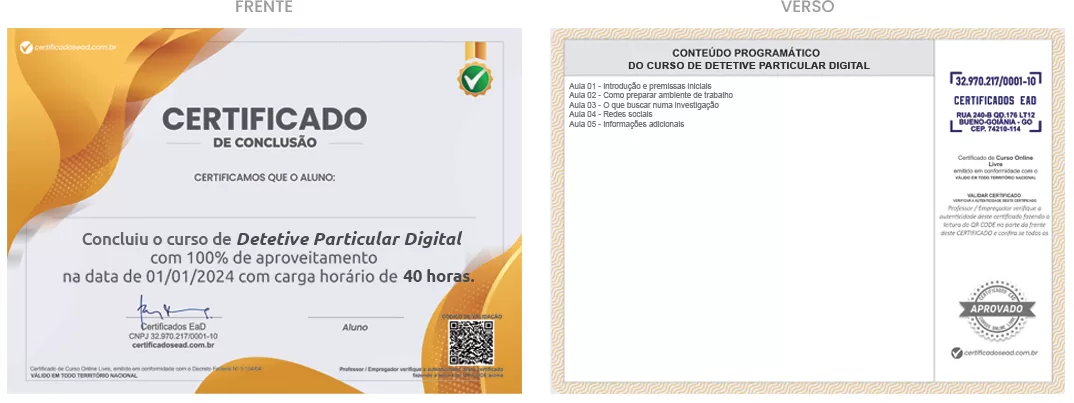 Certificado de 40h Curso de Detetive Particular Digital