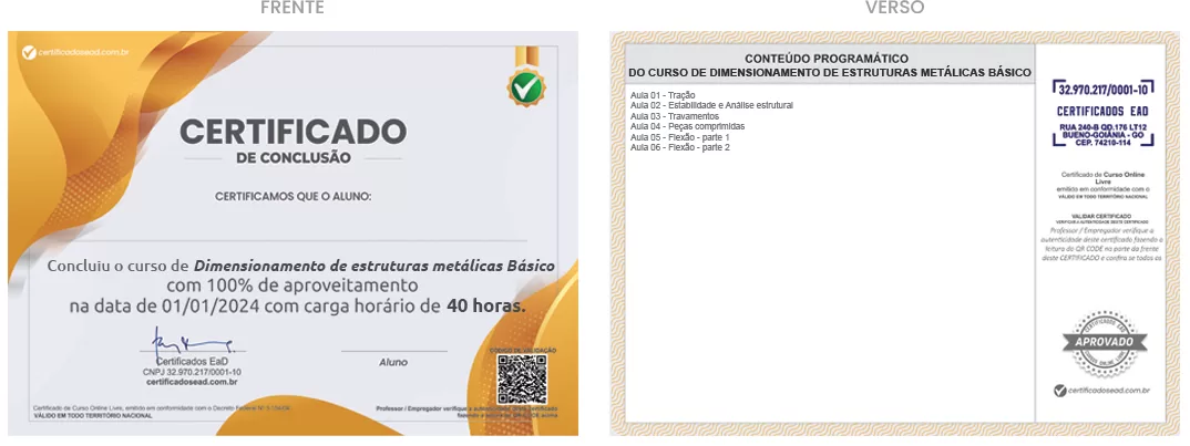 Certificado de 40h Curso de Dimensionamento de Estruturas Metálicas