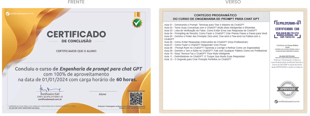 Certificado de 60h Curso de Engenharia de Prompt para o Chat GPT