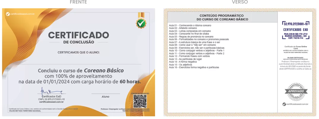 Certificado de 60h Curso de Coreano Básico