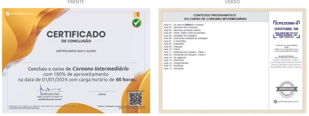Certificado de 60h Curso de Coreano Intermediário