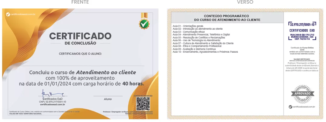 Certificado de 40h Curso de Atendimento ao cliente