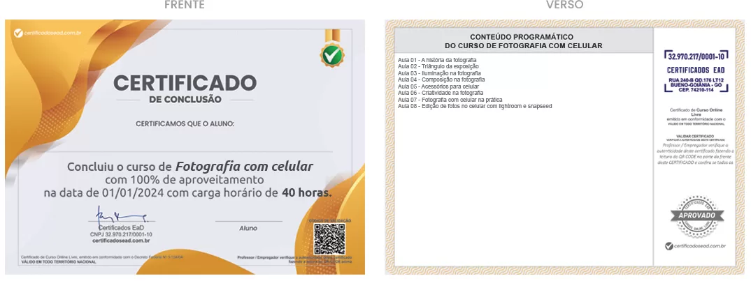 Certificado de 60h Curso de Fotografia com celular
