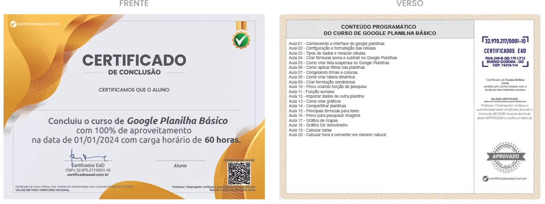 Certificado de 60h Curso de Google planilha básico