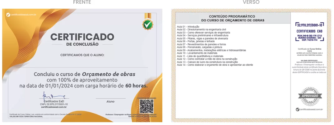 Certificado de 60h Curso de Orçamento de obras