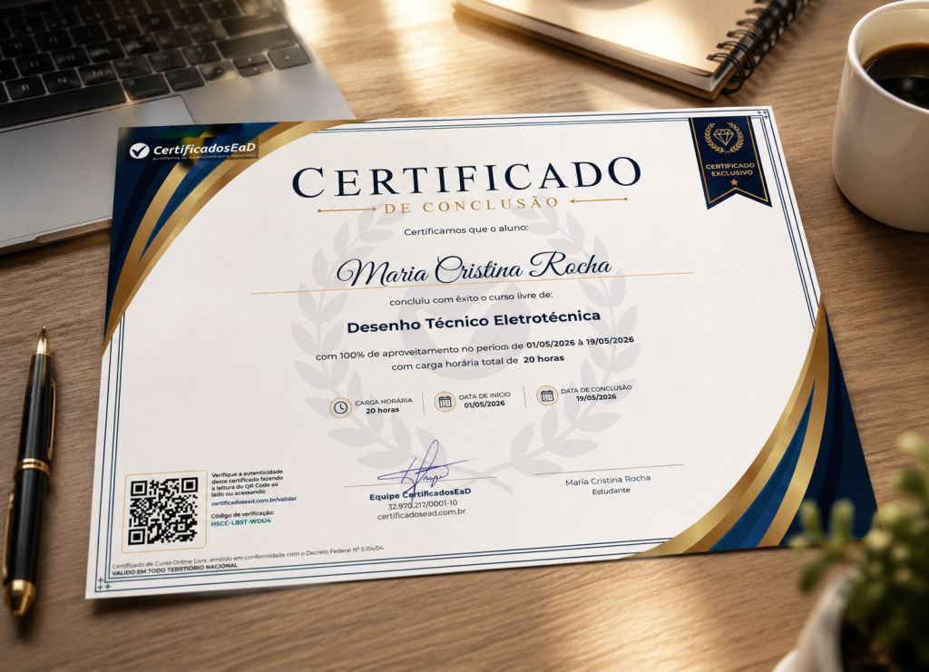 Certificado exclusivo de curso online com QR Code de validação emitido pela CertificadosEaD, válido para currículo e processos seletivos