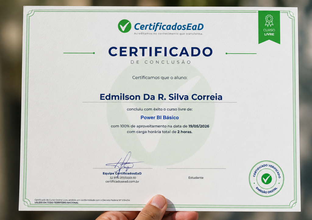 Certificado de conclusão de curso online grátis emitido pela CertificadosEaD, válido para currículo e horas complementares