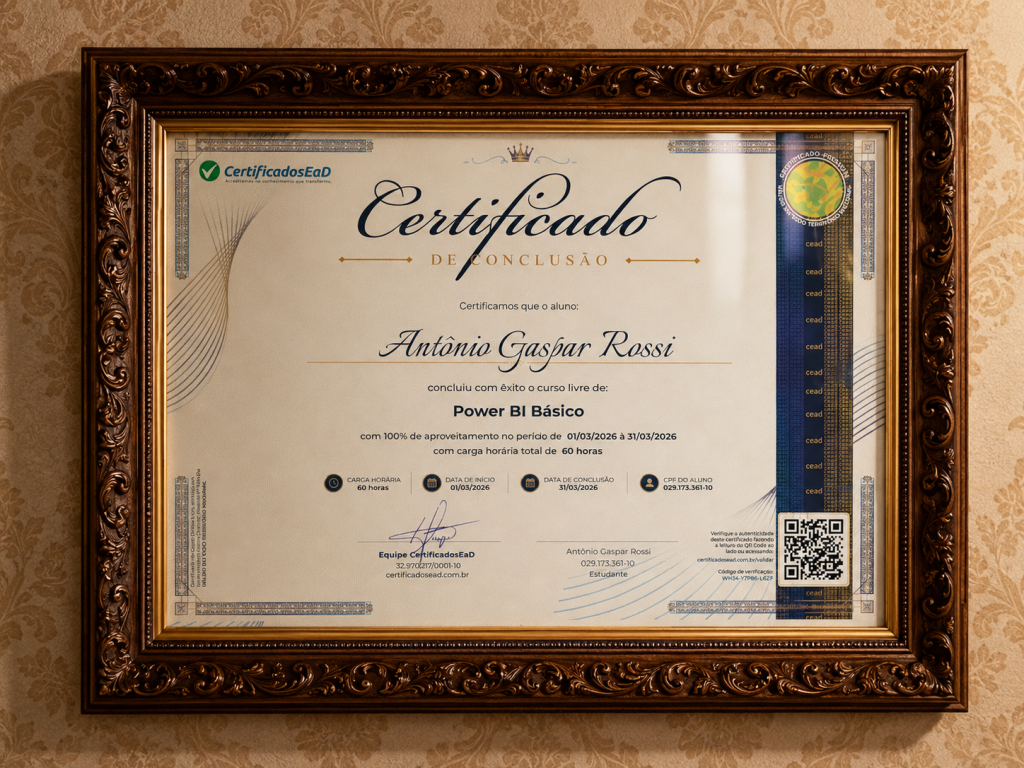 Certificado premium de curso online com CPF e QR Code de validação emitido pela CertificadosEaD, válido para currículo e horas complementares